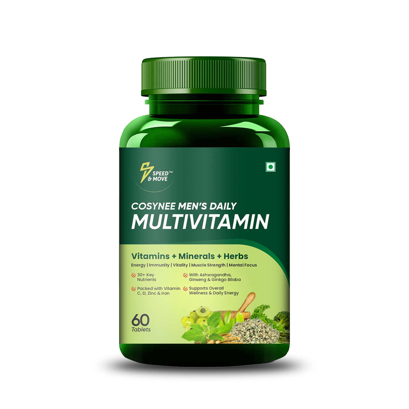 Speed and Move Plant Based Multivitamin for Men – With Natural Vitamins, Minerals, Extracts – Pack of 1(60 Tablets)